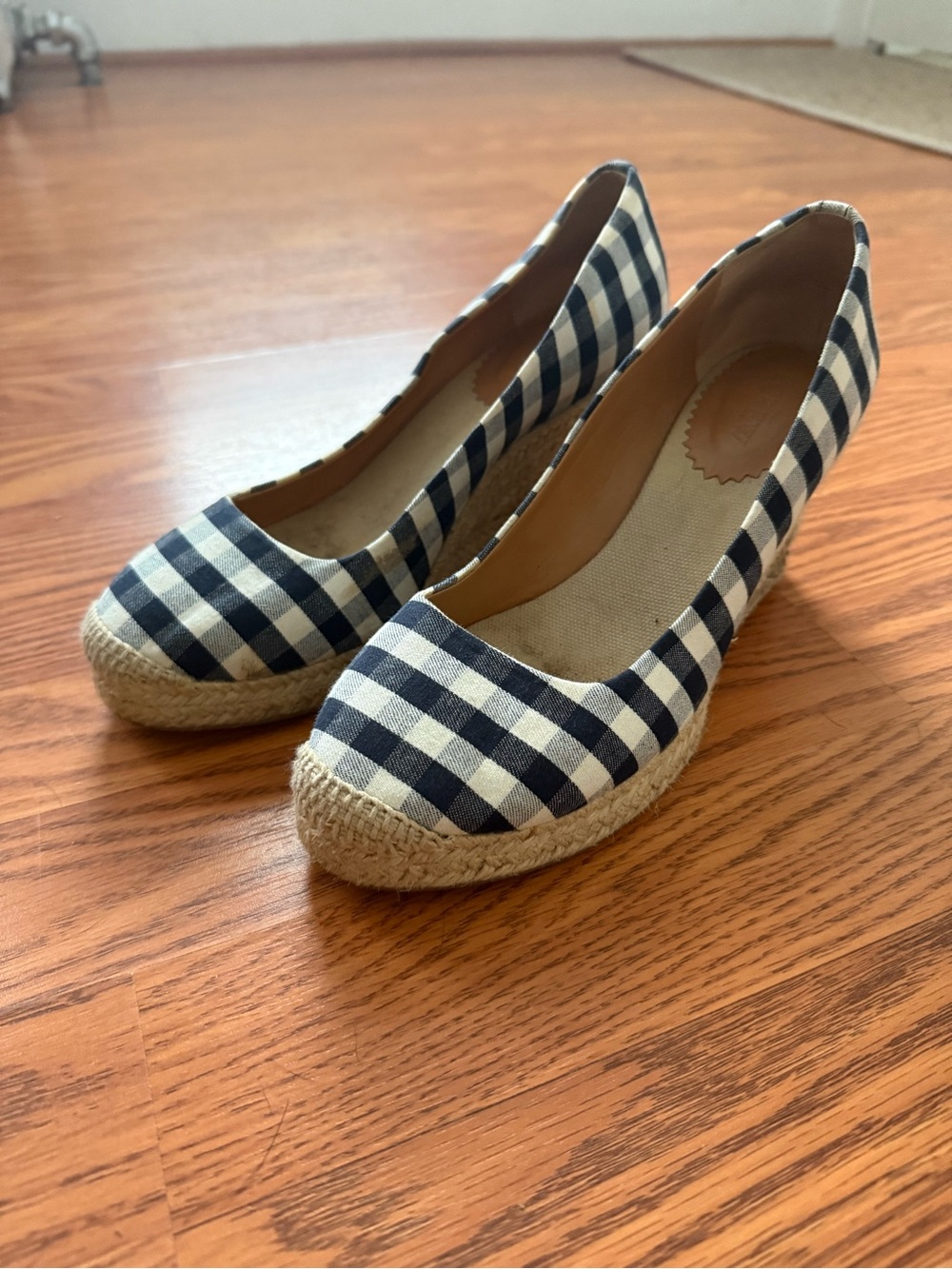 J.Crew Navy and White Gingham Espadrille Wedges